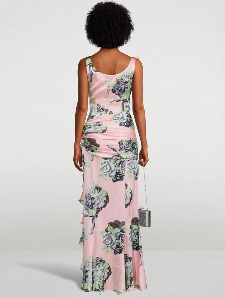 Silk Satin Evening Dress Rose Print