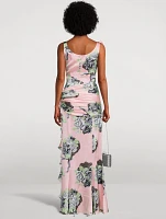 Silk Satin Evening Dress Rose Print