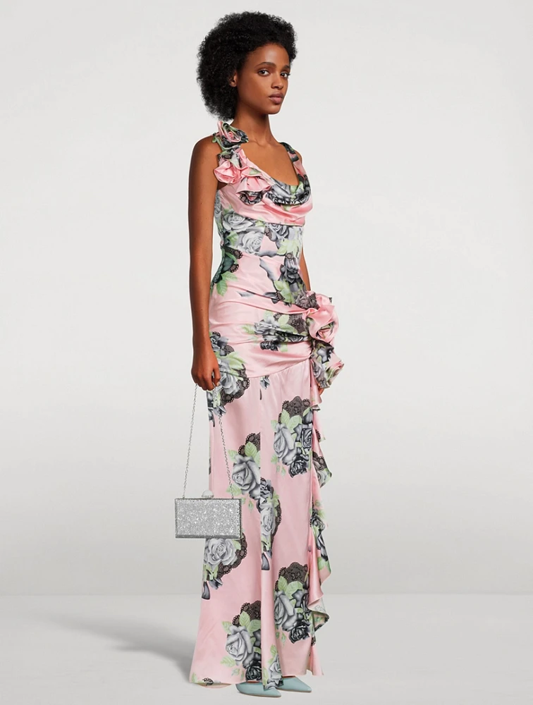 Silk Satin Evening Dress Rose Print