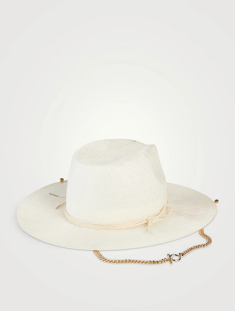 Straw Fedora Hat With Chain