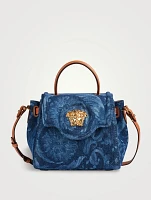 Small La Medusa Denim Top Handle Bag In Barocco Print
