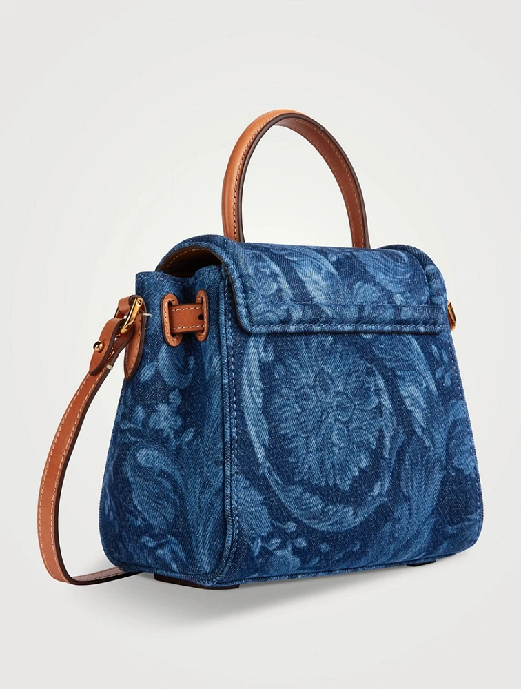 Small La Medusa Denim Top Handle Bag In Barocco Print