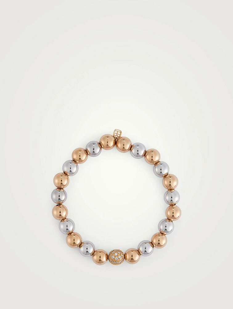 14K Gold Beaded Two-Tone Bracelet With 14K Gold 8mm Pavé Diamond Ball