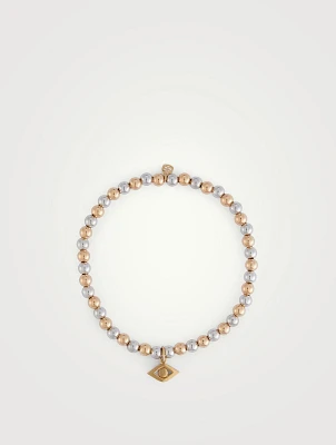 14K Gold Beaded Two-Tone Bracelet With Medium 14K Gold Evil Eye Charm