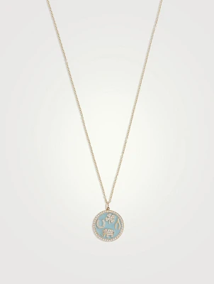 Large 14K Gold Luck Tableau Medallion Necklace With Diamonds