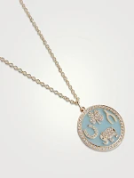 Large 14K Gold Luck Tableau Medallion Necklace With Diamonds