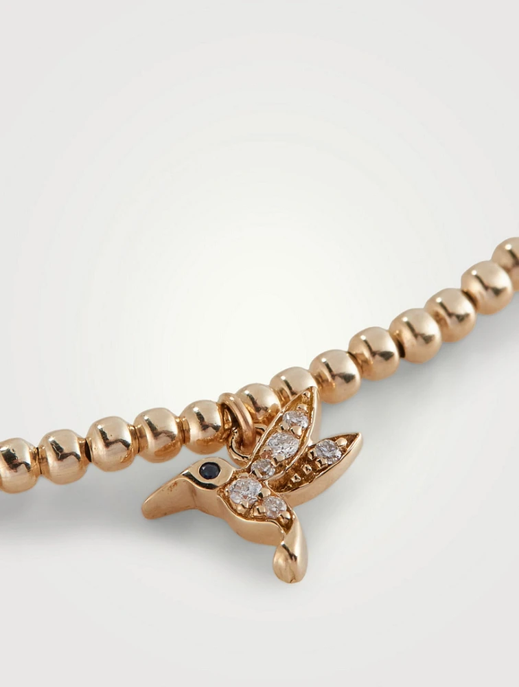 14K Gold Beaded Bracelet With Tiny 14K Gold Hummingbird Charm