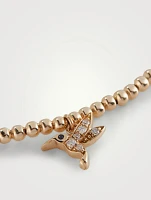 14K Gold Beaded Bracelet With Tiny 14K Gold Hummingbird Charm