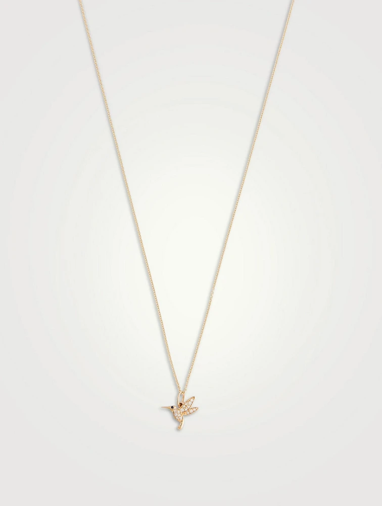 Small 14K Gold Hummingbird Charm Necklace With Blue Sapphire And Diamonds