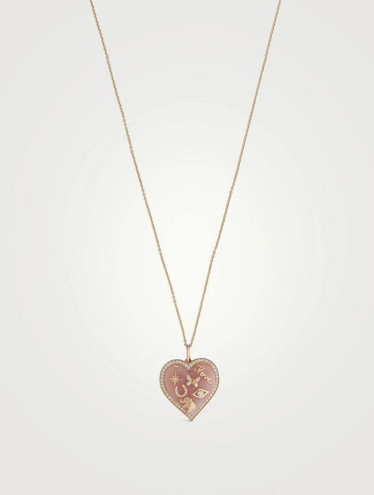 14K Gold Puffy Stone Icon Heart Pendant Necklace With Diamonds