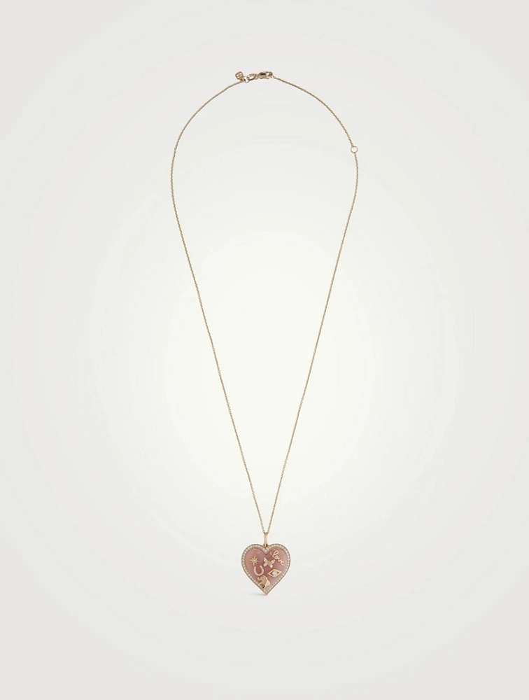 14K Gold Puffy Stone Icon Heart Pendant Necklace With Diamonds