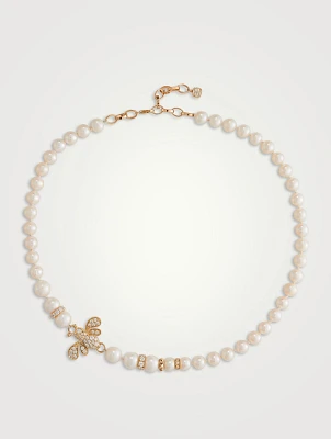 14K Gold Bee Pearl Beaded Necklace With Diamonds