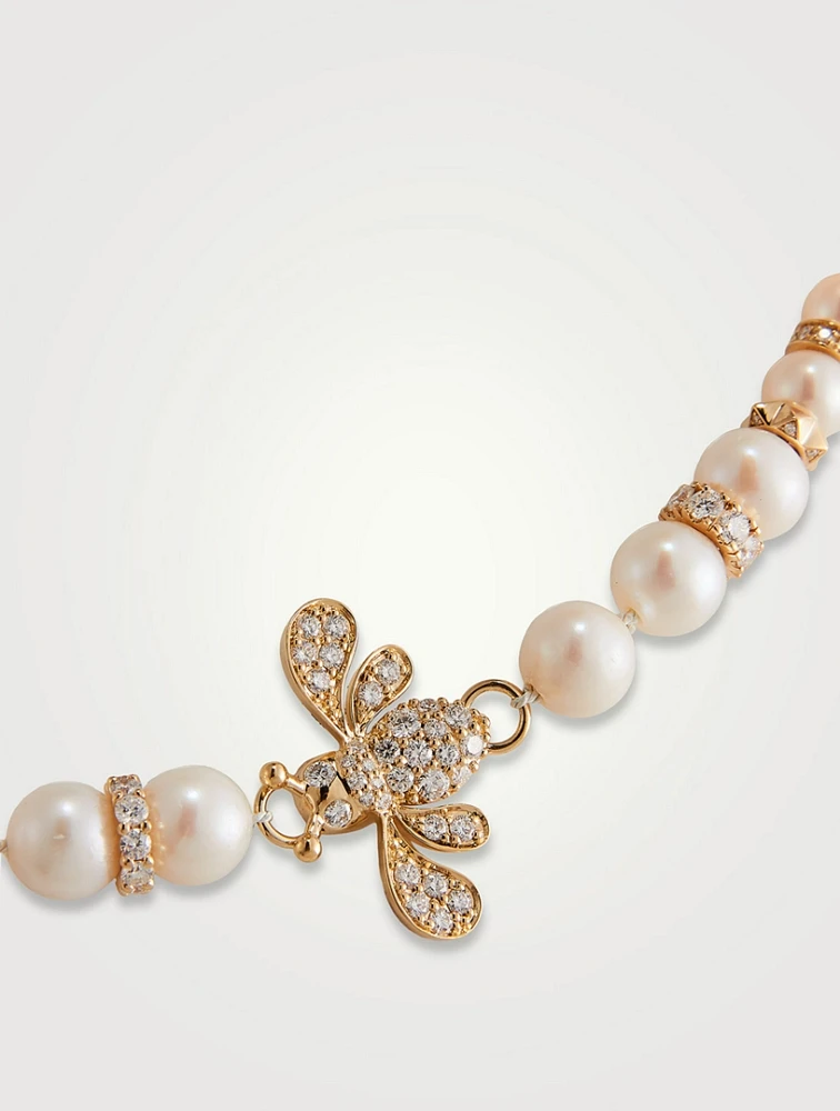 14K Gold Bee Pearl Beaded Necklace With Diamonds