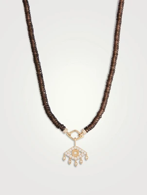 Smokey Topaz Beaded Necklace With 14K Gold Marquise Fringe Evil Eye Charm With Diamonds