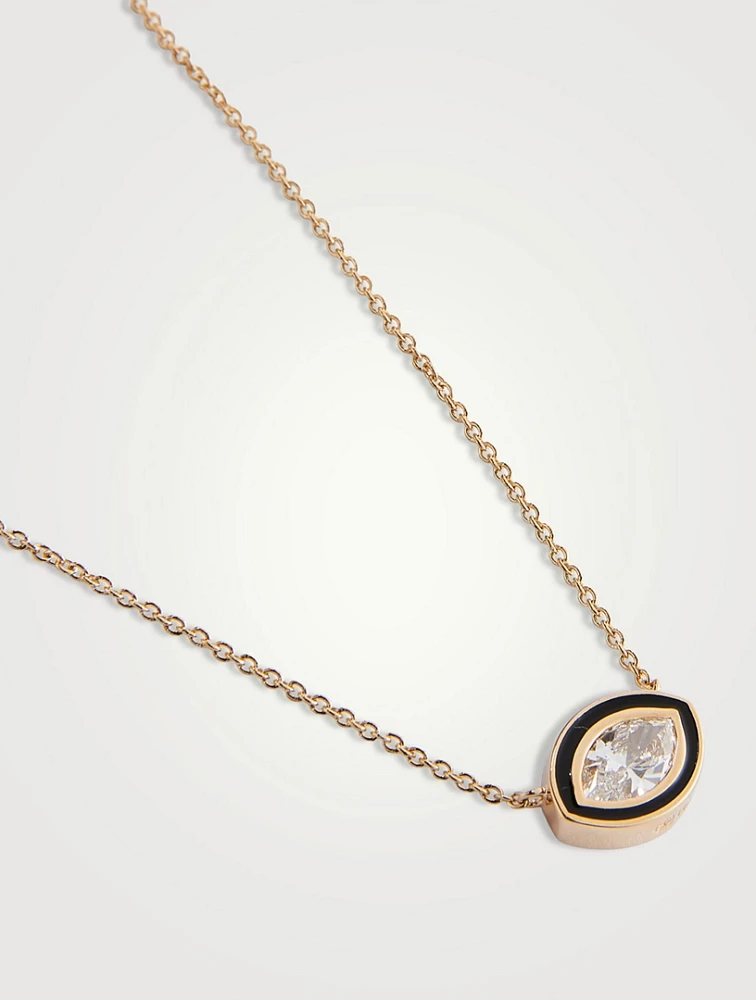14K Gold Single Stone Enamel Marquise Necklace With Diamond