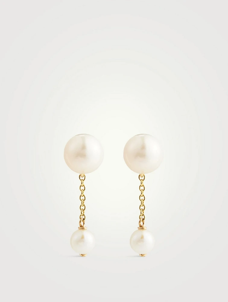 14K Gold Double Pearl Drop Earrings