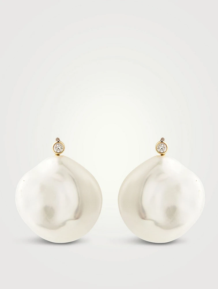 14K Gold Petal Pearl Stud Earrings With Diamonds