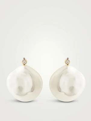 14K Gold Petal Pearl Stud Earrings With Diamonds