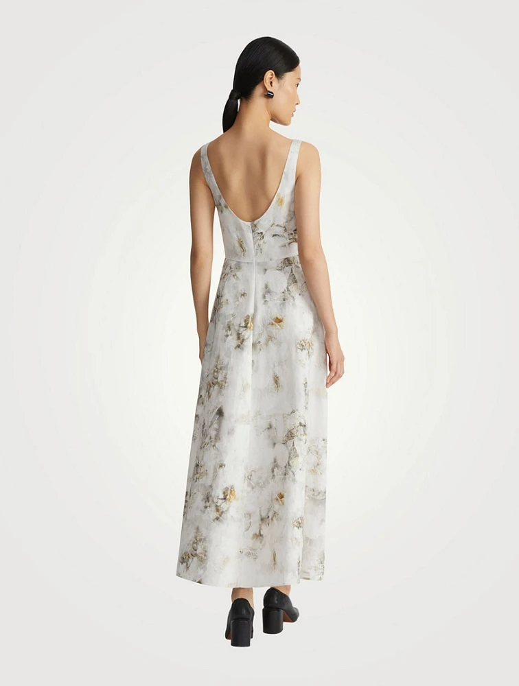 Silk Linen Dress Eco Leaves Print