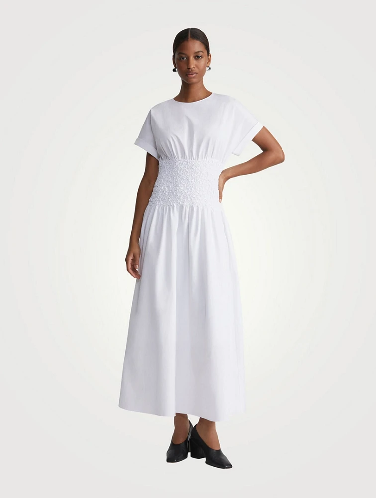 Smocked-Waist Organic Cotton Poplin Midi Dress