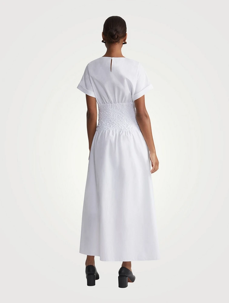 Smocked-Waist Organic Cotton Poplin Midi Dress