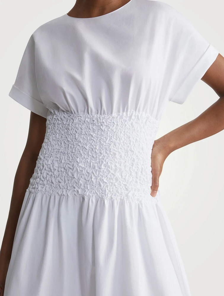 Smocked-Waist Organic Cotton Poplin Midi Dress