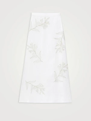 Flora-Embroidered Linen Midi Skirt