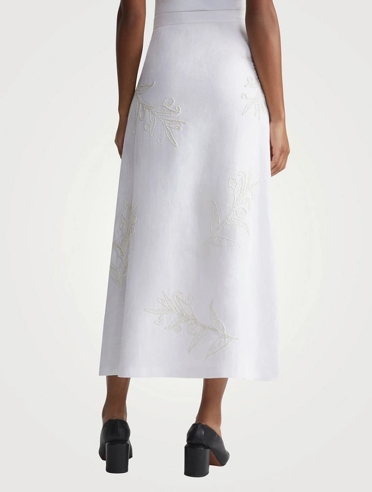 Flora-Embroidered Linen Midi Skirt