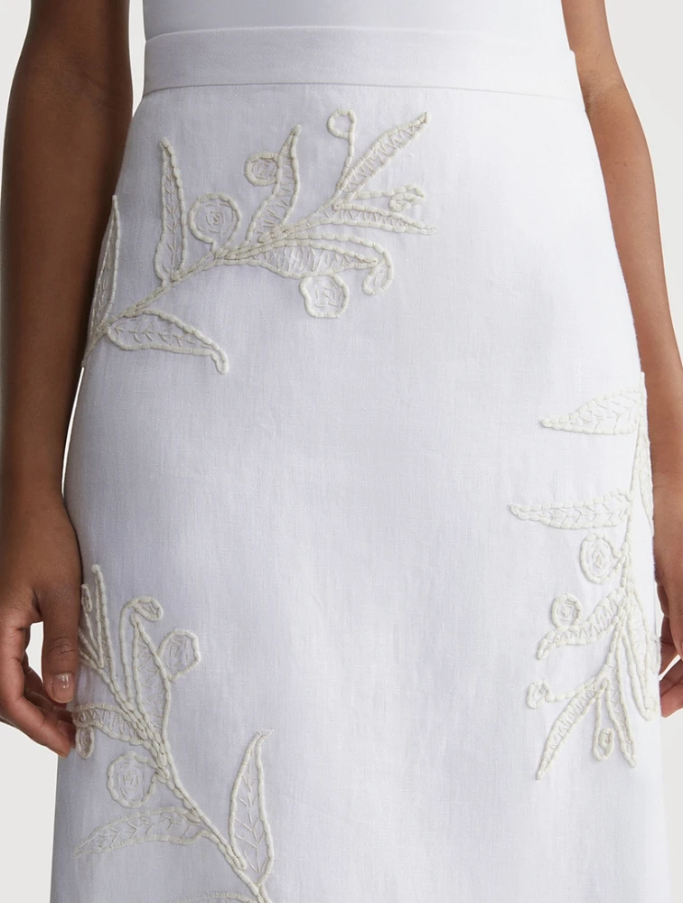 Flora-Embroidered Linen Midi Skirt