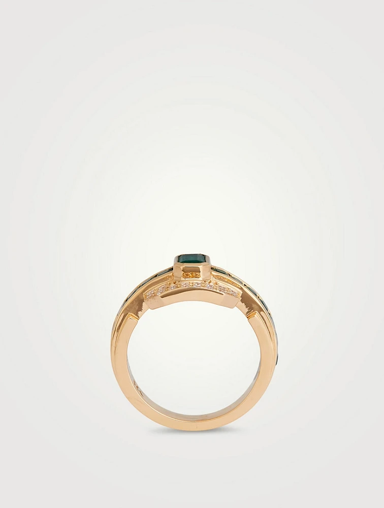 Sheild 18K Gold Ring With Precious Stone And Diamonds