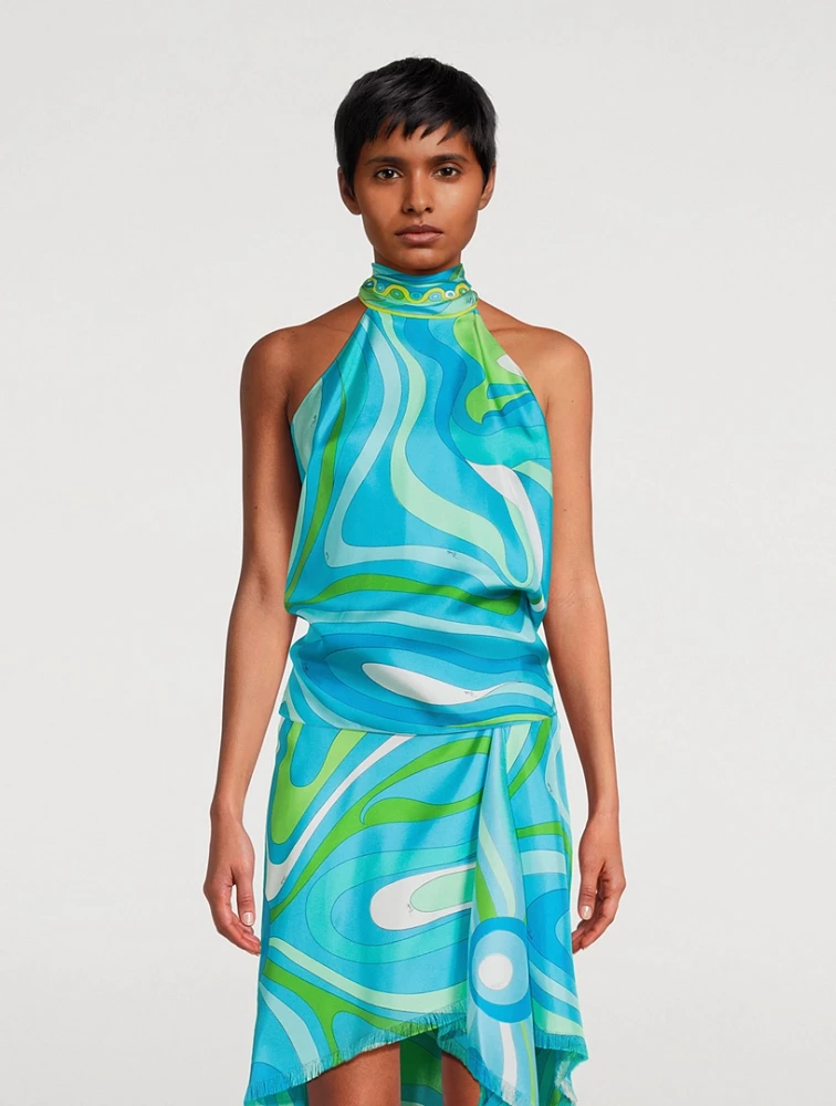 Silk Twill Halter Top In Marmo Print