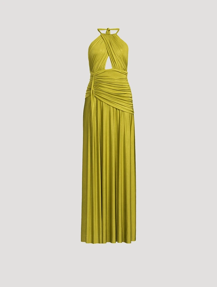 Metallic Jersey Halter Maxi Dress