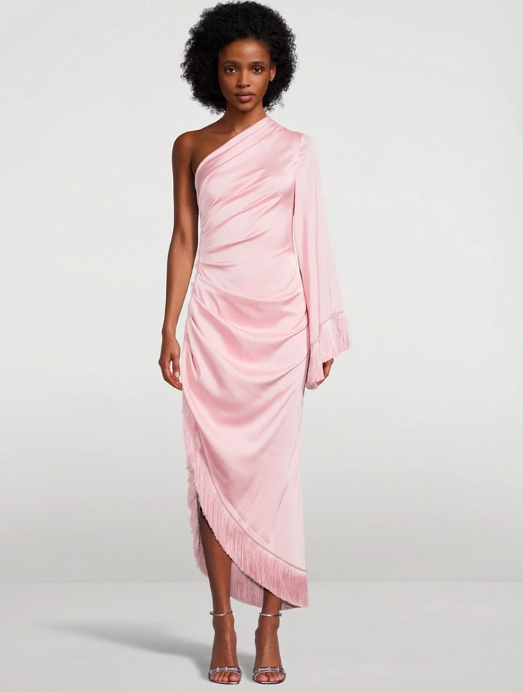 Oscar Fringe-Trimmed One-Shoulder Dress