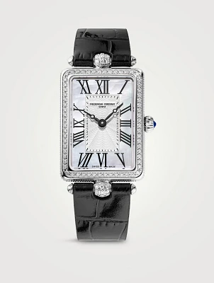 Art Deco Carrée Stainless Steel Leather Strap Watch With Diamonds