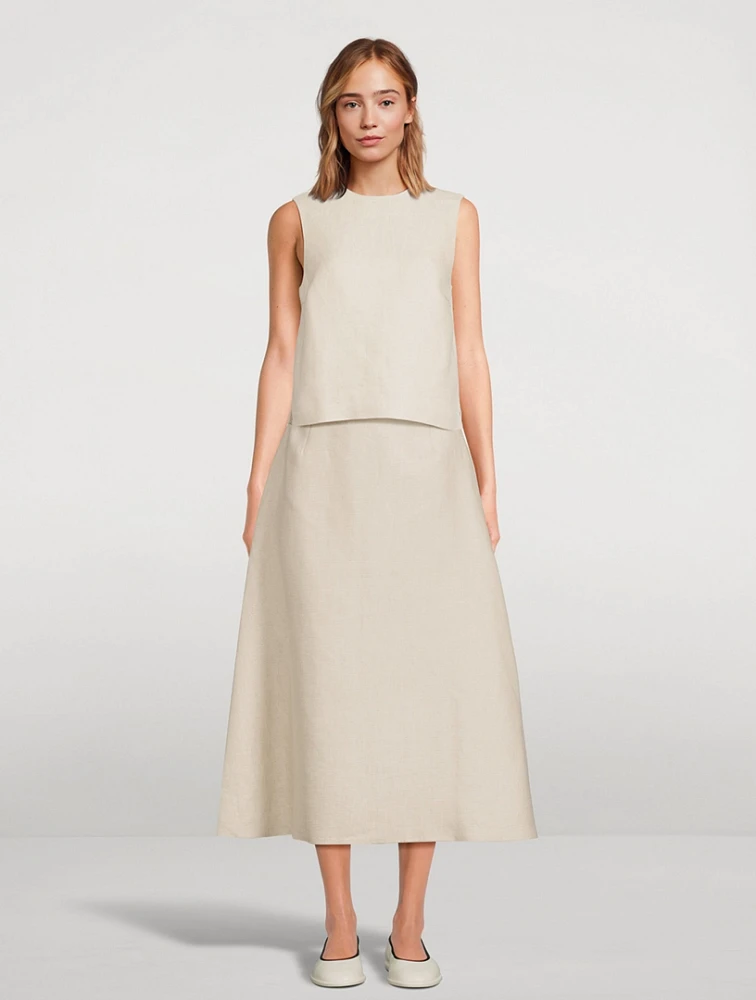 Basket-Weave Linen Midi Skirt