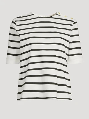 Button-Trimmed T-Shirt Stripe Print