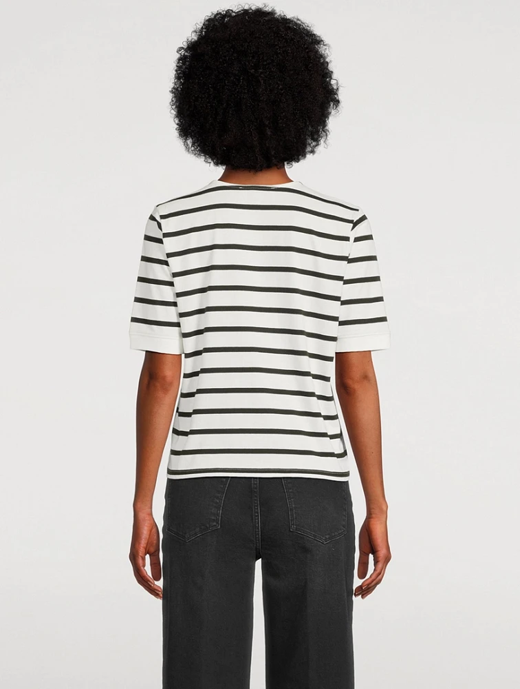 Button-Trimmed T-Shirt Stripe Print