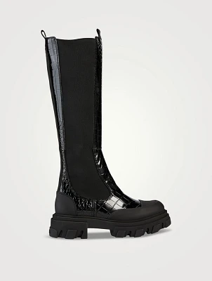 Croc-Embossed Patent Knee-High Boots
