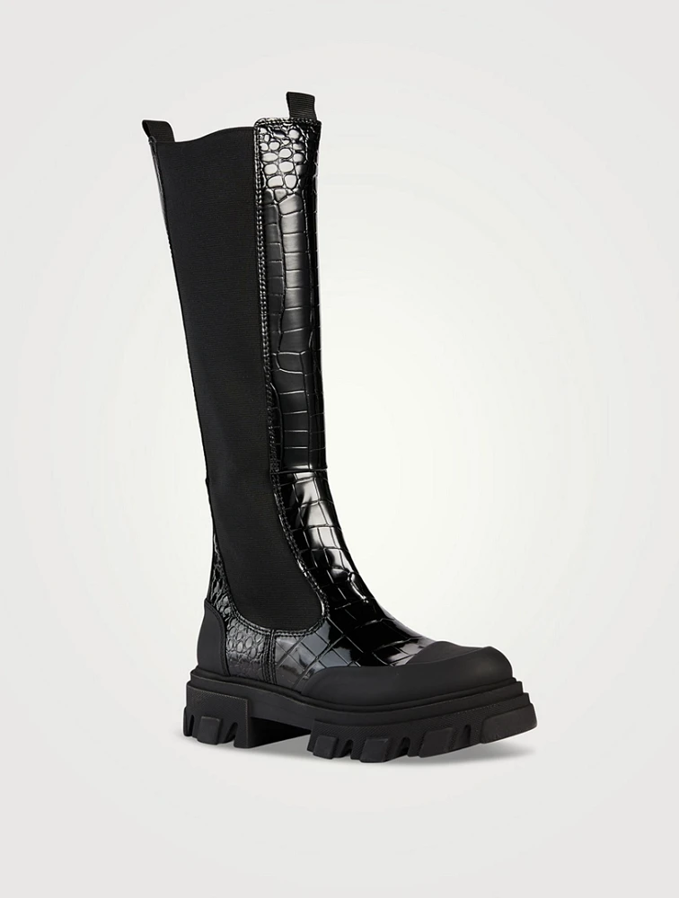 Croc-Embossed Patent Knee-High Boots