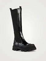 Croc-Embossed Patent Knee-High Boots