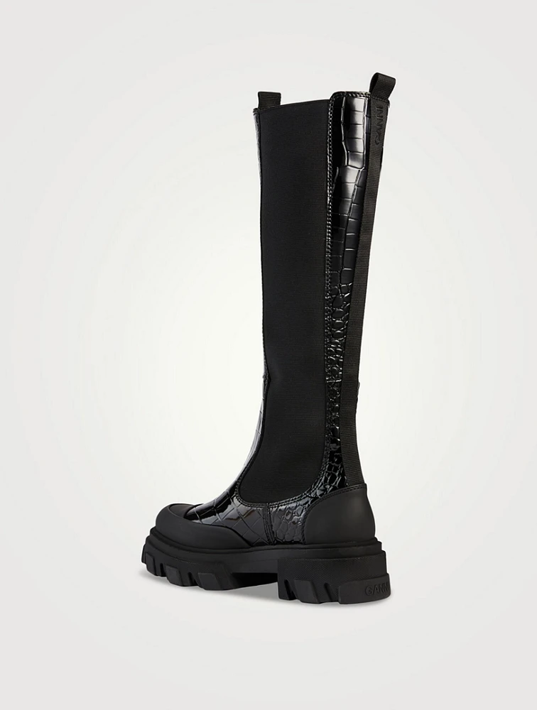 Croc-Embossed Patent Knee-High Boots