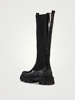 Croc-Embossed Patent Knee-High Boots