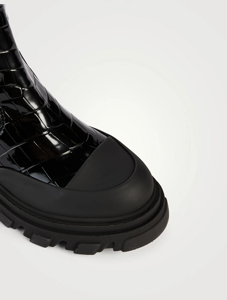 Croc-Embossed Patent Knee-High Boots