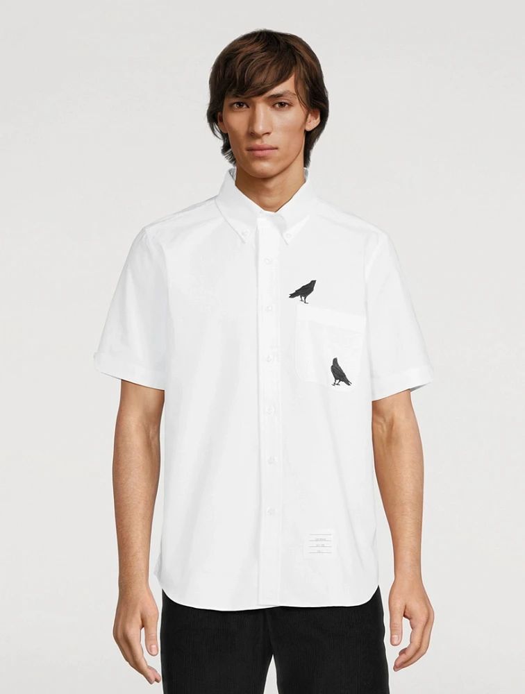 Satin Short-Sleeve Shirt With Raven Embroidery