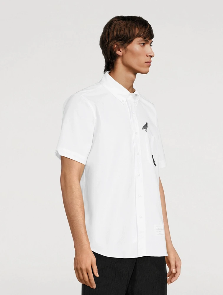 Satin Short-Sleeve Shirt With Raven Embroidery