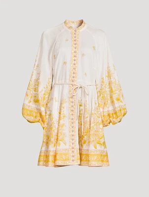 Golden Puff-Sleeve Linen Mini Dress Floral Print
