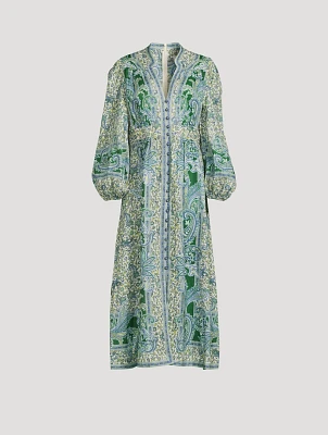Ottie Puff-Sleeve Linen Midi Dress Paisley Print
