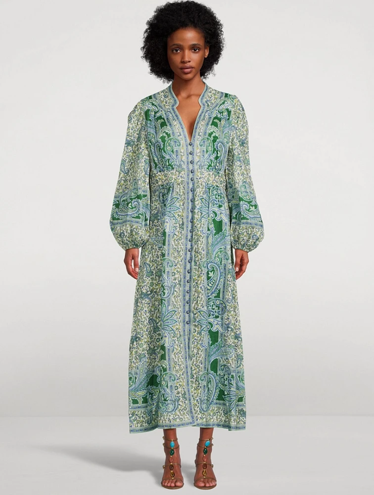 Ottie Puff-Sleeve Linen Midi Dress Paisley Print