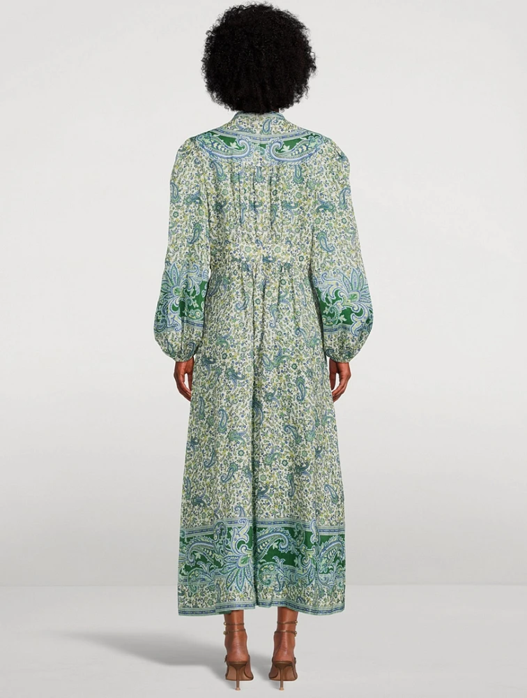 Ottie Puff-Sleeve Linen Midi Dress Paisley Print