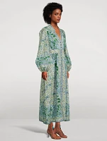 Ottie Puff-Sleeve Linen Midi Dress Paisley Print